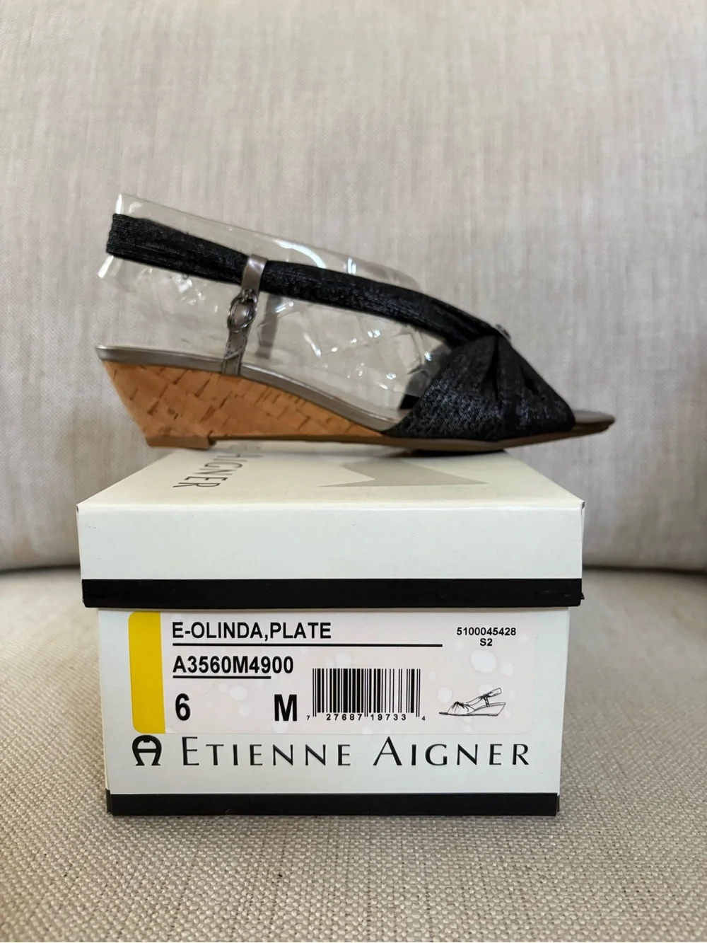 Etienne Aigner Metallic Black Fabric Slingback Cork Wedge Sandals Size 6
